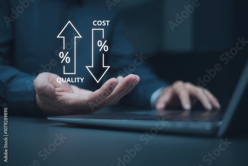Cost reduction concept. Quality increase and cost optimization for products or services to improve and enhance company performance. Successful corporate strategy and management. Effective business