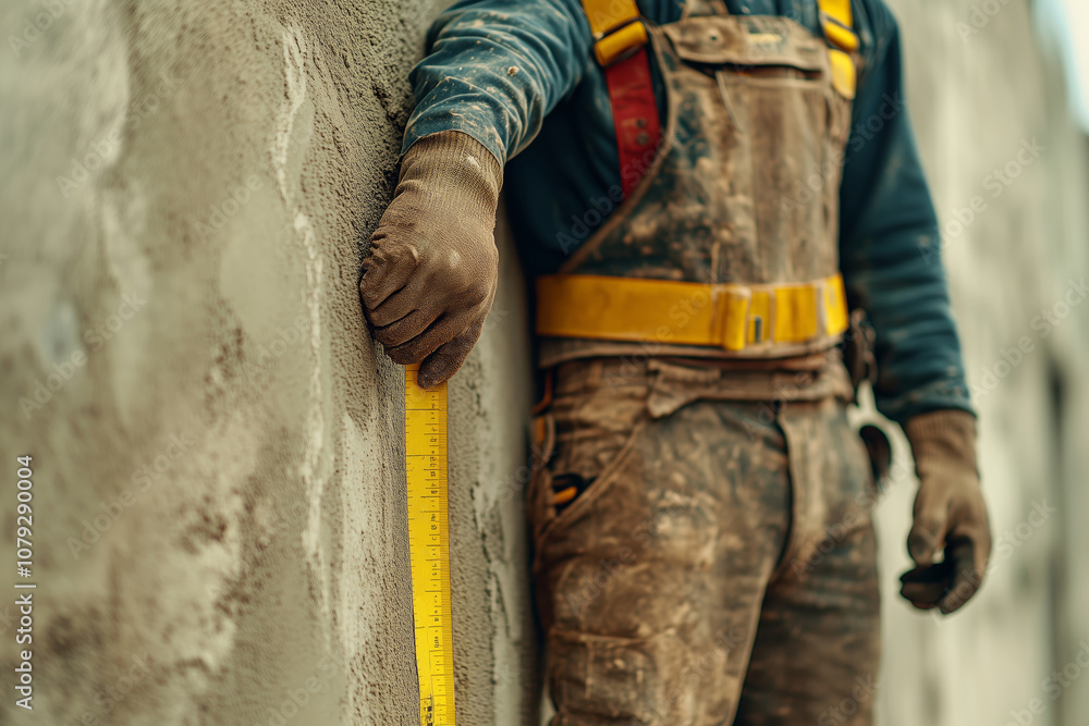 Construction worker measuring wall during a busy day on the job site Construction worker measuring wall during a busy day on the job site