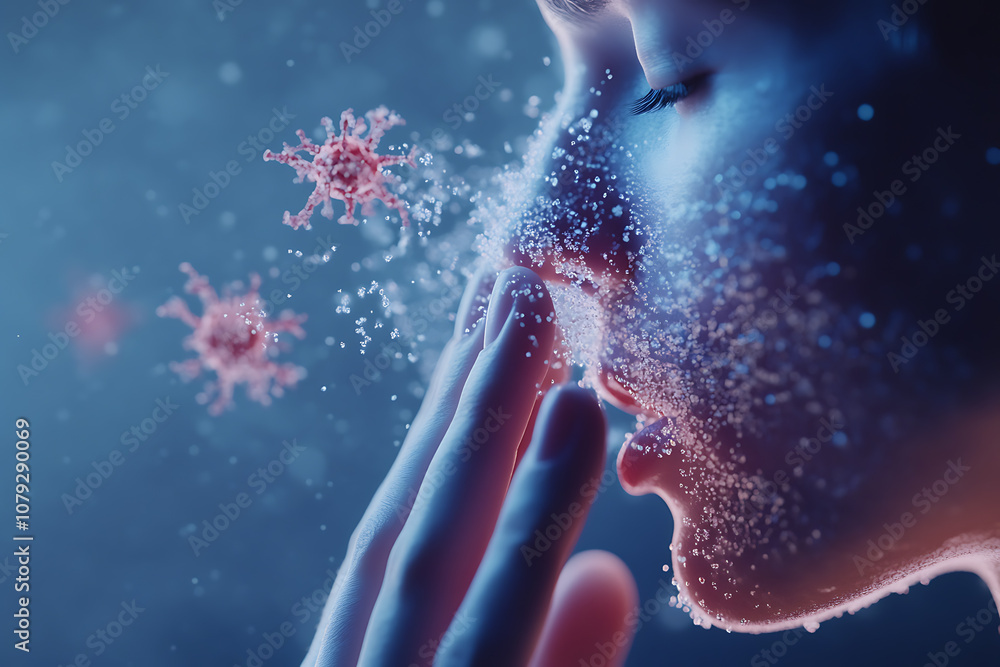 Magnified image of a person coughing, showing droplets of saliva that reveal microscopic germs and bacteria, emphasizing microbiology and hygiene awareness. Magnified image of a person coughing, showing droplets of saliva that reveal microscopic germs and bacteria, emphasizing microbiology and hygiene awareness.