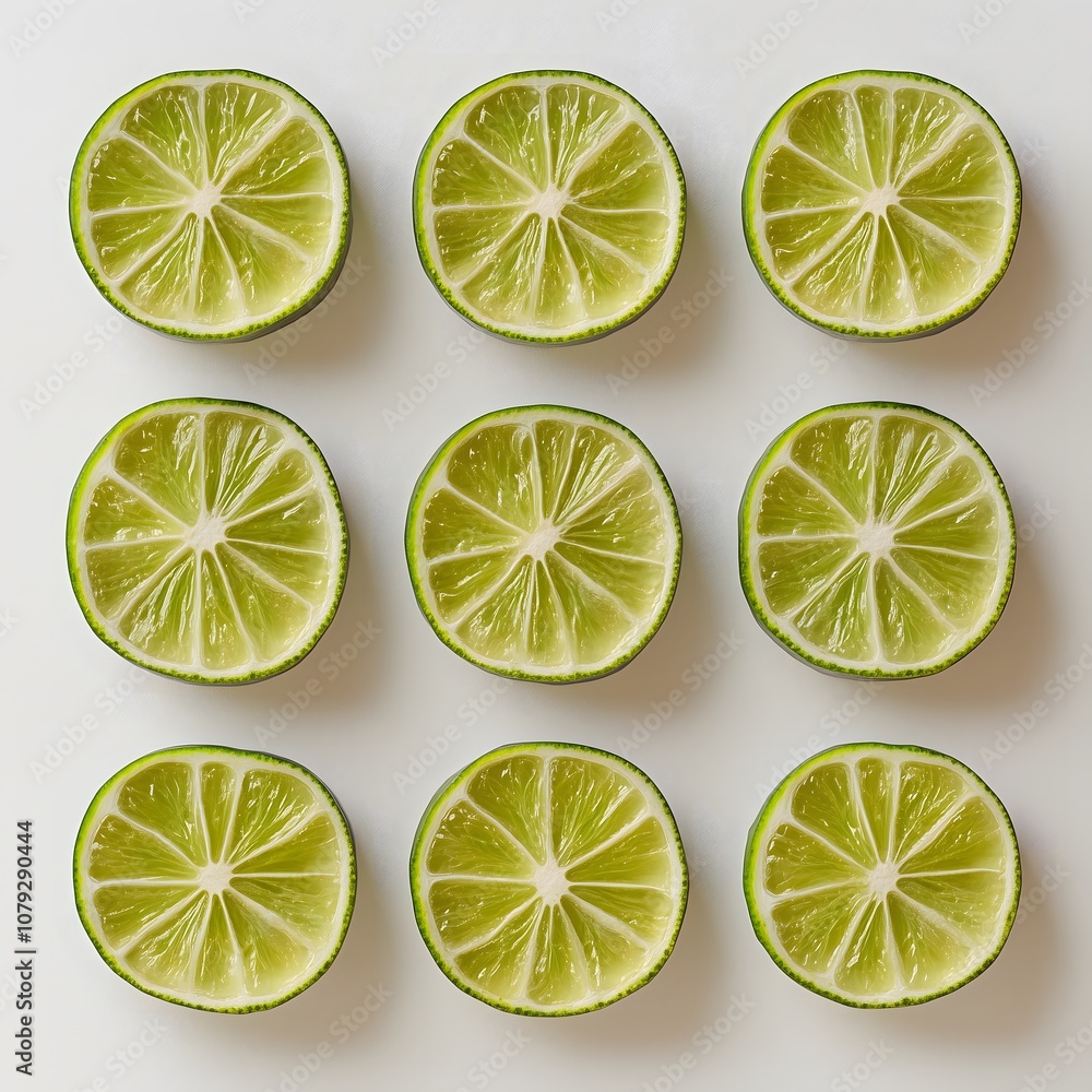 Nine lime slices isolated on a white background
