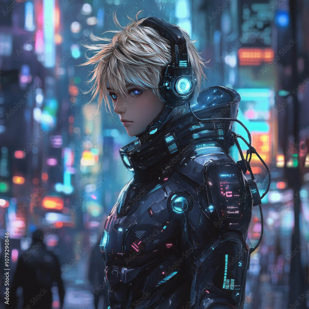 A sleek anime character with a futuristic vibe, featuring glowing accents, advanced tech, and a bold, stylish look. A sleek anime character with a futuristic vibe, featuring glowing accents, advanced tech, and a bold, stylish look.