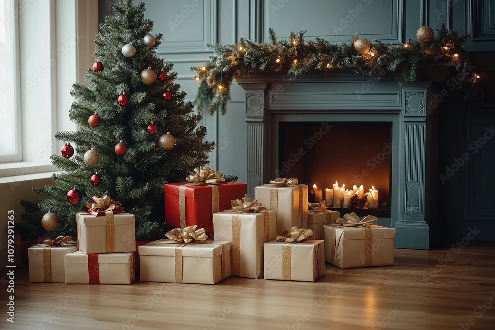 A cozy Christmas setting with a decorated tree, glowing fireplace, and wrapped gifts ready for celebration in a stylish living room A cozy Christmas setting with a decorated tree, glowing fireplace, and wrapped gifts ready for celebration in a stylish living room