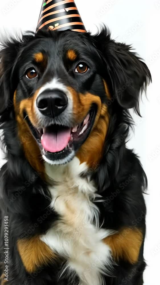 A Bernese Mountain Dog wearing a party hat smiles happily at the camera A Bernese Mountain Dog wearing a party hat smiles happily at the camera