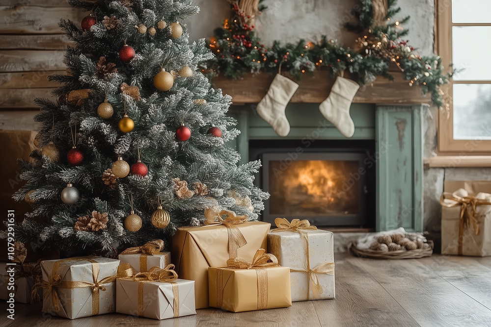 A cozy living room decorated for Christmas with a tree and beautifully wrapped gifts under it near a glowing fireplace A cozy living room decorated for Christmas with a tree and beautifully wrapped gifts under it near a glowing fireplace