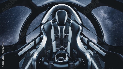 high-tech ejection seat futuristic spacecraft neural interface pilot seat silver advanced technology black safety harness