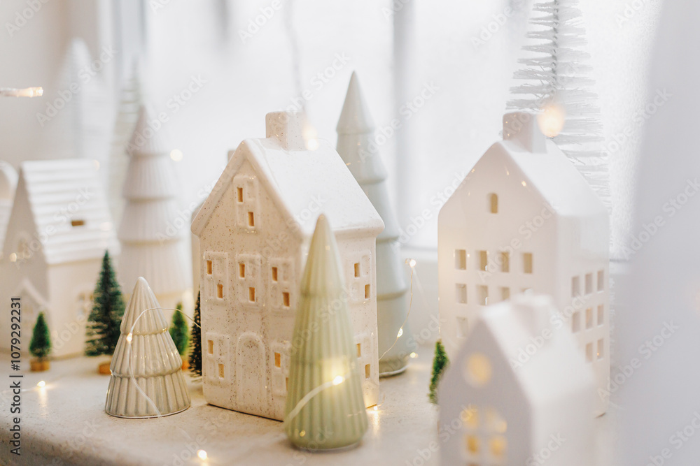 Merry Christmas! Stylish Christmas miniature holiday village with white houses, trees and golden lights bokeh on snowy window. Atmospheric magical scene. Christmas holiday banner. Merry Christmas! Stylish Christmas miniature holiday village with white houses, trees and golden lights bokeh on snowy window. Atmospheric magical scene. Christmas holiday banner.