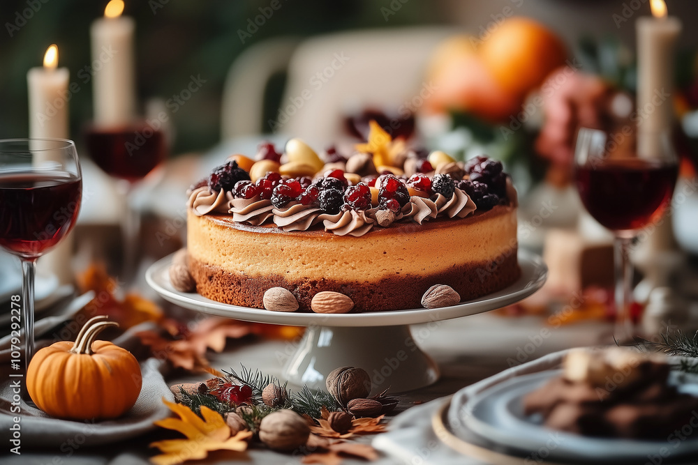 Delicious autumn cake centerpiece with seasonal decorations and warm ambiance during a festive gathering Delicious autumn cake centerpiece with seasonal decorations and warm ambiance during a festive gathering