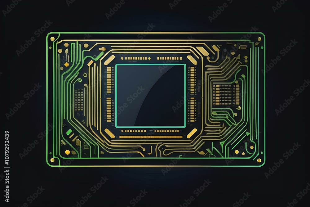 high-tech circuit board in green tones featuring a central processor and detailed electronic patterns high-tech circuit board in green tones featuring a central processor and detailed electronic patterns