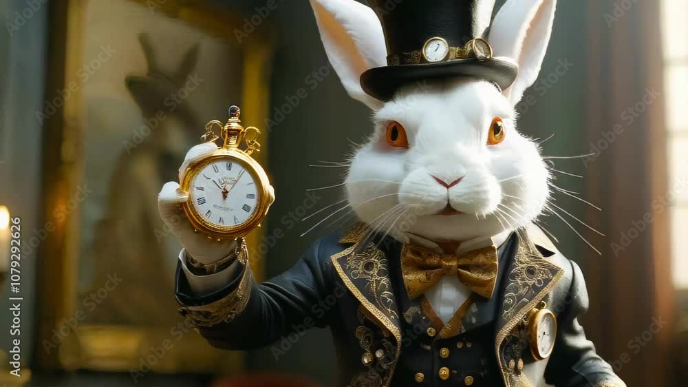 White crazy rabbit with a pocket watch from the fairy tale Alice