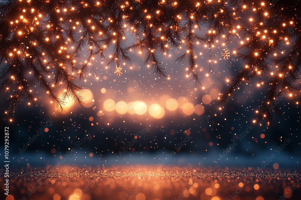 Naklejka premium Festive Christmas decorations featuring sparkling lights and snowflakes creating a magical winter atmosphere at dusk