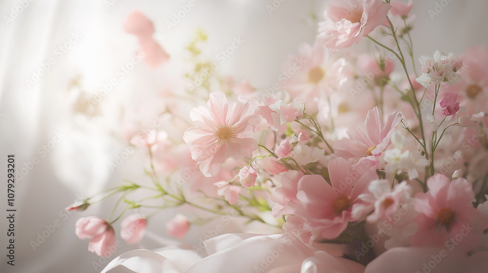 Elegant bouquet of pastel-colored flowers, soft pinks and whites, delicate ribbon, warm afternoon light Elegant bouquet of pastel-colored flowers, soft pinks and whites, delicate ribbon, warm afternoon light