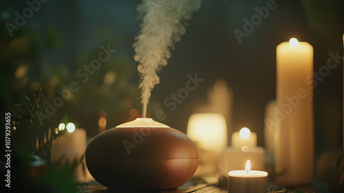 A close-up of a lit essential oil diffuser releasing gentle, aromatic steam against a background of candles and greenery photo