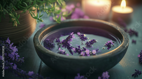 A calming scene of a bowl filled with water, floating lavender sprigs, and a candle nearby, creating a tranquil atmosphere photo