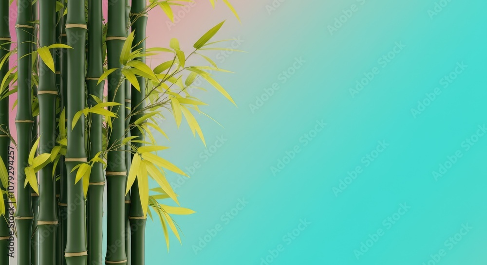 Naklejka premium Several bamboo stalks with green leaves against gradient background