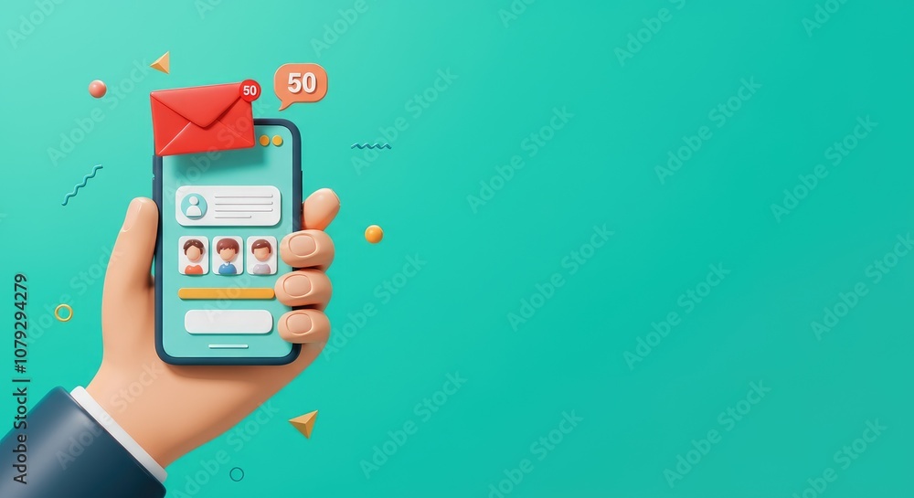 Hand holding smartphone showing email app with notifications on teal background Hand holding smartphone showing email app with notifications on teal background