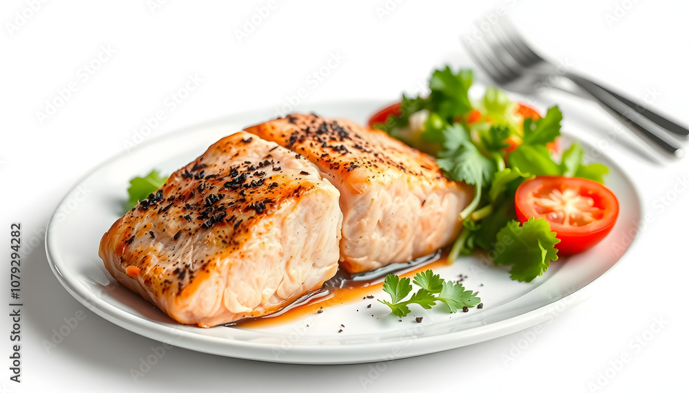 Restaurant food with fresh ingredients - grilled salmon and fresh salad isolated with white highlights, png Restaurant food with fresh ingredients - grilled salmon and fresh salad isolated with white highlights, png