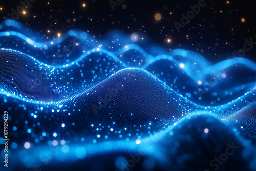 Dynamic digital blockchain network with flowing data waves illuminated by bright particles at night