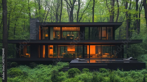 Modern home with large windows and pool in the woods.