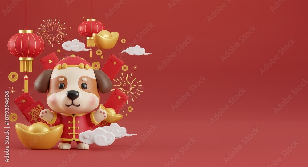 Cute dog in traditional festive attire with red lanterns, gold ingots, and fireworks celebrating holiday Cute dog in traditional festive attire with red lanterns, gold ingots, and fireworks celebrating holiday