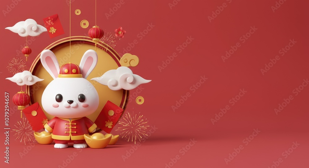 Cute cartoon rabbit in traditional attire celebrating festive occasion with decorations and fireworks Cute cartoon rabbit in traditional attire celebrating festive occasion with decorations and fireworks