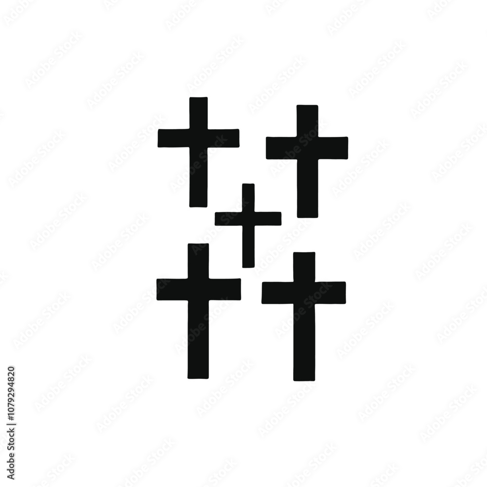 Four black Christian crosses of varying sizes and designs Four black Christian crosses of varying sizes and designs