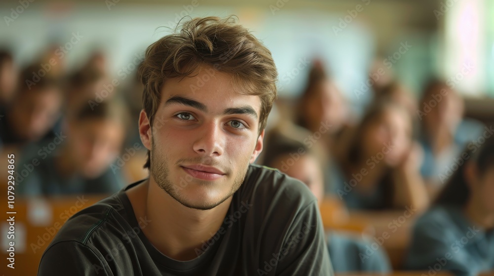 Bright and determined young man, showcasing intelligence and readiness, seated in a university classroom setting Bright and determined young man, showcasing intelligence and readiness, seated in a university classroom setting