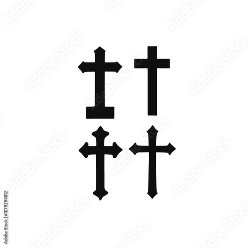 Four black Christian crosses of varying sizes and designs