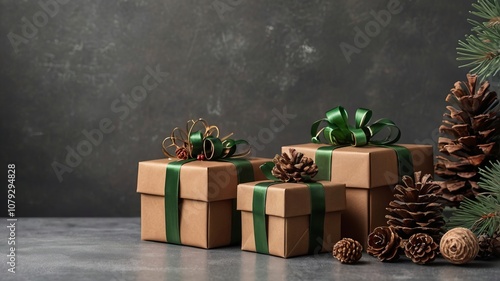 Crafted Christmas gift boxes with pine cones and greenery on rustic table background