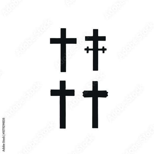 Four black Christian crosses of varying sizes and designs