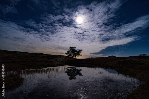 A Moonlit view of Kelly Hall Tarn in the English Lake District. photo