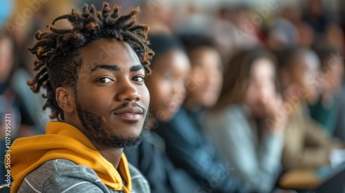 Bright and determined young man, showcasing intelligence and readiness, seated in a university classroom setting