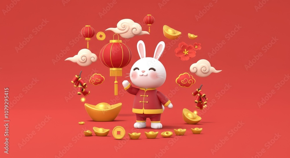 Cute 3D rabbit with lunar new year decorations in red background Cute 3D rabbit with lunar new year decorations in red background
