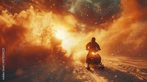 A snowmobiler rides through a snowy landscape with a dramatic sunset in the background. photo