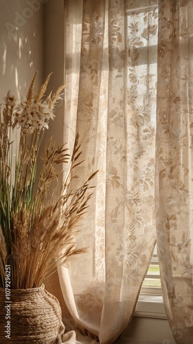 Boho neutral floral design with sunlight shadows on beige linen curtain and meadow grass, elegant template for business, interior, or wedding décor.