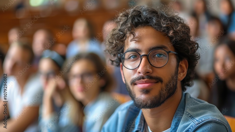 Bright and determined young man, showcasing intelligence and readiness, seated in a university classroom setting Bright and determined young man, showcasing intelligence and readiness, seated in a university classroom setting