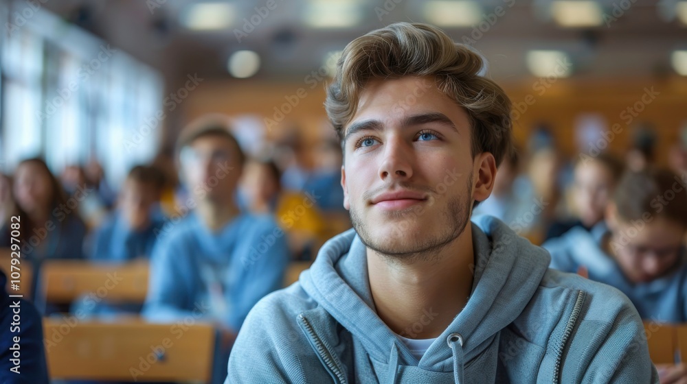 Bright and determined young man, showcasing intelligence and readiness, seated in a university classroom setting Bright and determined young man, showcasing intelligence and readiness, seated in a university classroom setting