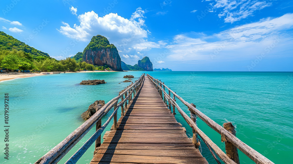 Fototapeta premium A wooden bridge stretches across the ocean at Thap Sakae Beach in Prachuap Khiri Khan Province, Thailand.