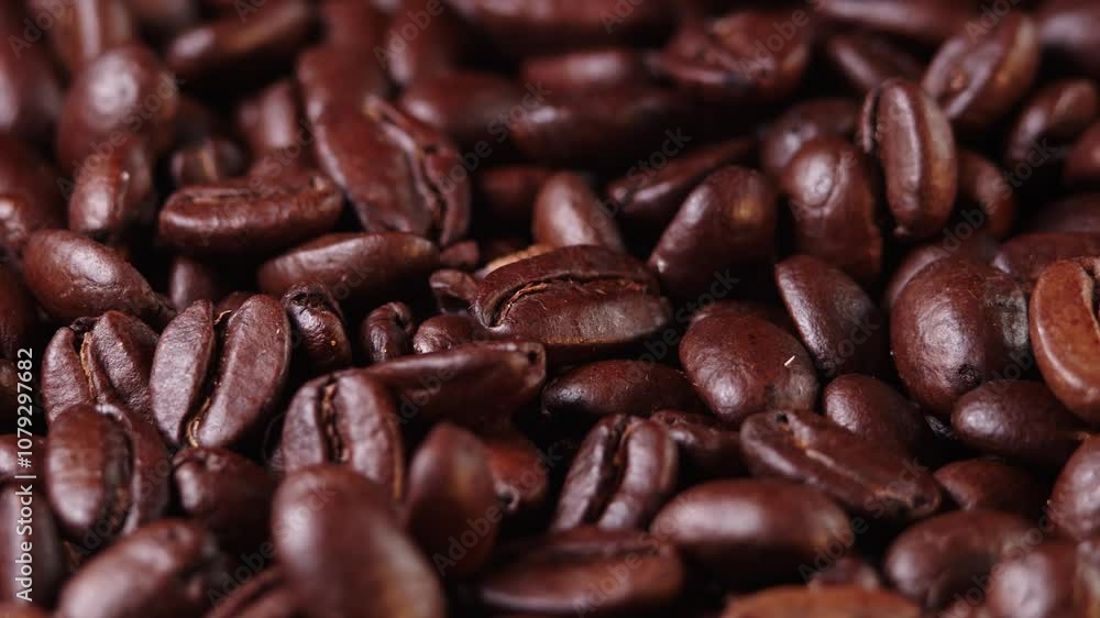 Roasted coffee beans dolly shot. Aromatic coffee beans move slowly. Slide slow motion close-up of whole roasted coffee beans. Roasted coffee beans dolly shot. Aromatic coffee beans move slowly. Slide slow motion close-up of whole roasted coffee beans.