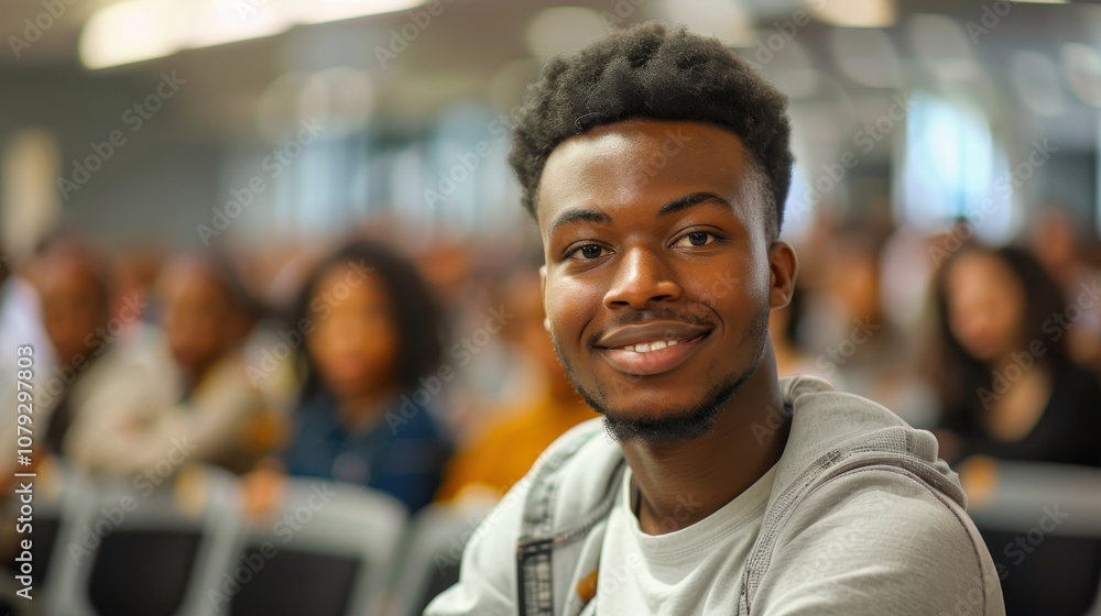 Bright and determined young man, showcasing intelligence and readiness, seated in a university classroom setting Bright and determined young man, showcasing intelligence and readiness, seated in a university classroom setting