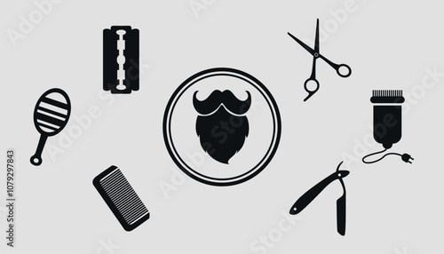 Set of black silhouettes of barber tools. Vector on a gray background