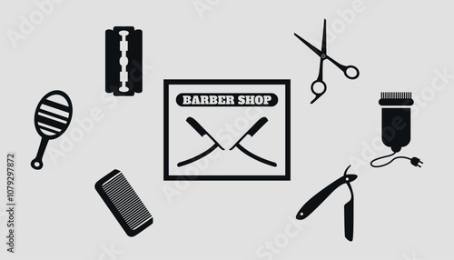 Set of black silhouettes of barber tools. Vector on a gray background