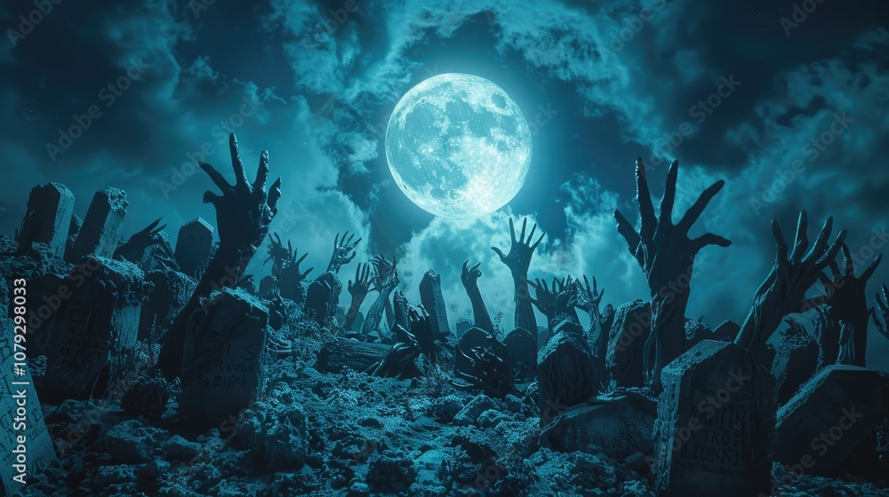 A spooky Halloween scene with a full moon in the sky, a graveyard, and the hands of zombies reaching up. A spooky Halloween scene with a full moon in the sky, a graveyard, and the hands of zombies reaching up.