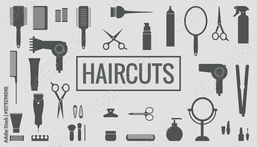 Set of black silhouettes of barber tools. Vector on a gray background