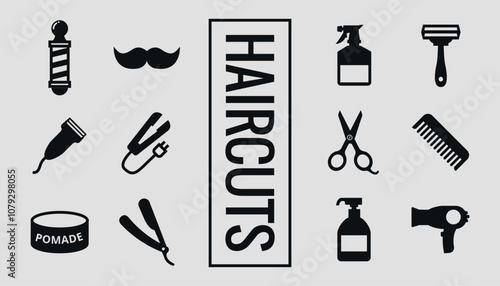 Set of black silhouettes of barber tools. Vector on a gray background