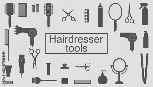 Set of black silhouettes of barber tools. Vector on a gray background