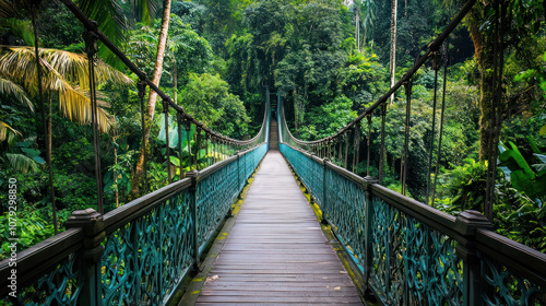 Iconic suspension bridge amidst the lush Monkey Forest Sanctuary in the heart of Ubud, Bali.