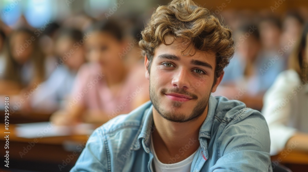Bright and determined young man, showcasing intelligence and readiness, seated in a university classroom setting Bright and determined young man, showcasing intelligence and readiness, seated in a university classroom setting