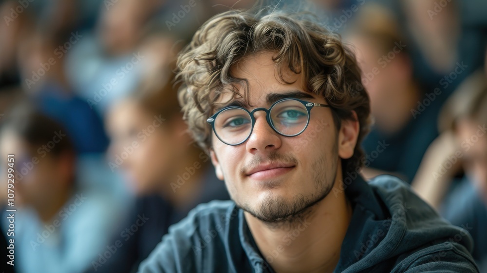 Bright and determined young man, showcasing intelligence and readiness, seated in a university classroom setting Bright and determined young man, showcasing intelligence and readiness, seated in a university classroom setting