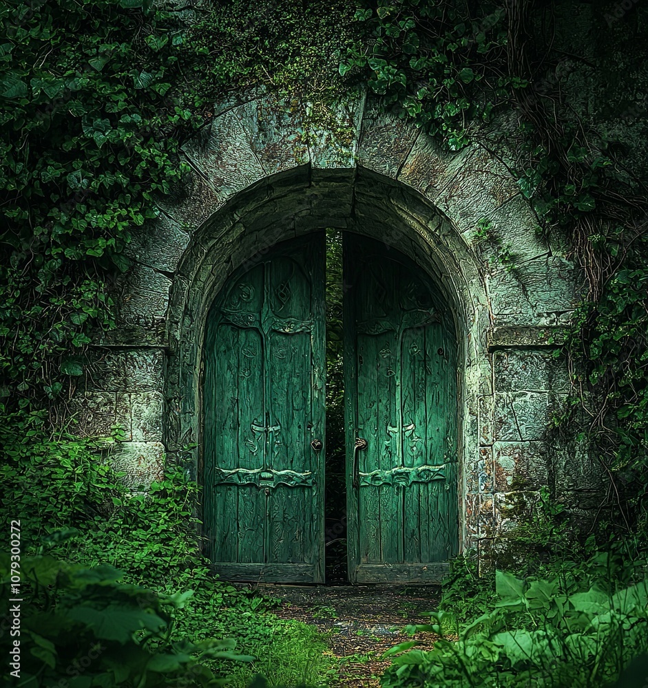 A photograph of an old stone archway leading to the forest, with green wooden... A photograph of an old stone archway leading to the forest, with green wooden...