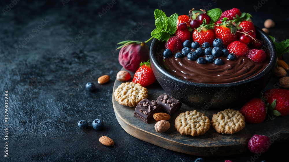Chocolate fondue with fresh berries, cookies, and almonds Chocolate fondue with fresh berries, cookies, and almonds